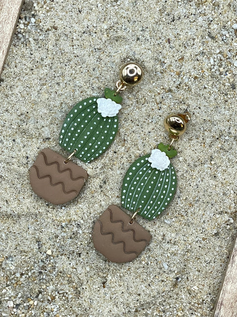 Barrel Cactus with White Flower Earrings