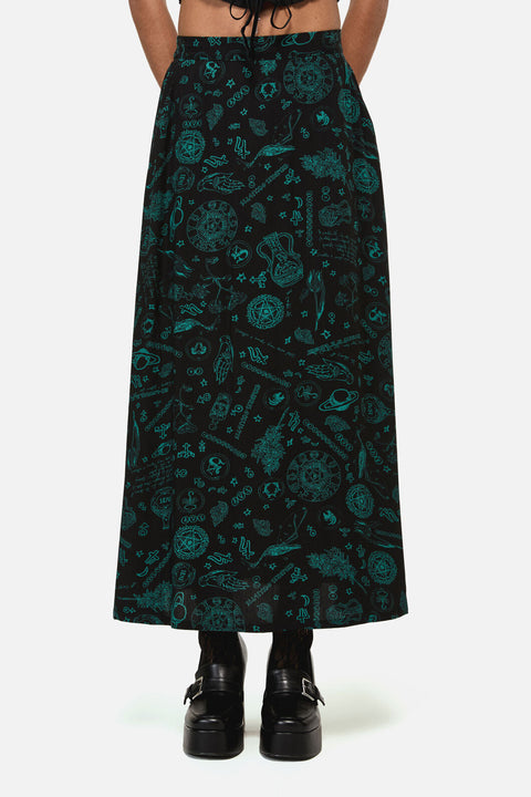 Spellbook Goth Print Midi Skirt