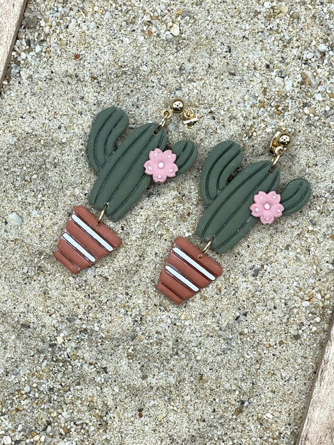 Candle Cactus with Pink Flower Earrings