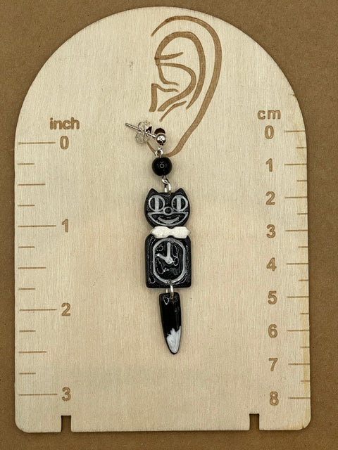 Retro Black Kitty Cat Clock Earrings