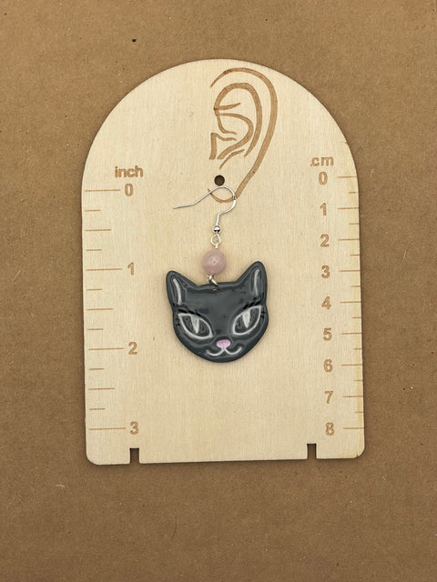 Pretty Kitty Cat Face Earrings with Rose Quartz