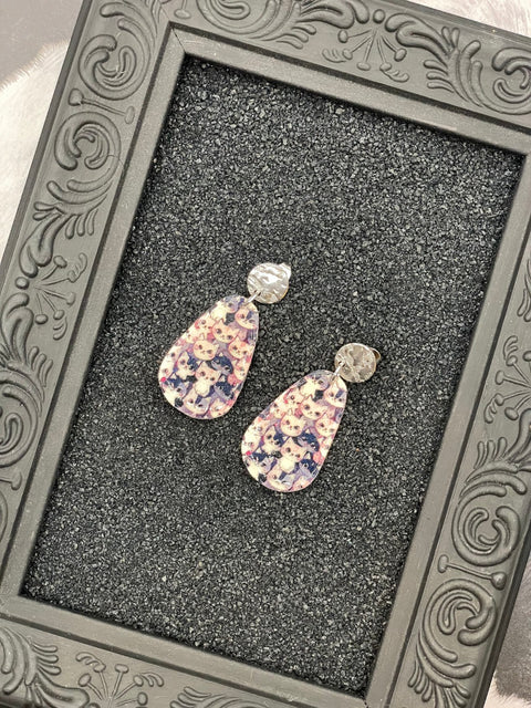 Cat Print Teardrop Dangle Earrings
