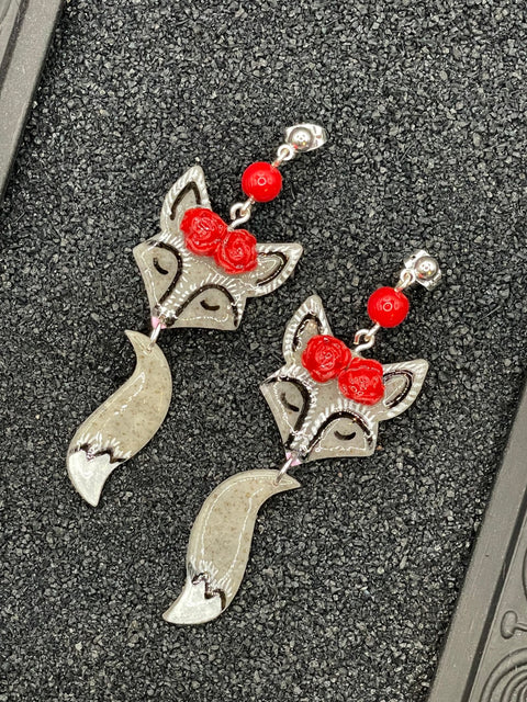 Cutie Silver Fox Dangle Earrings